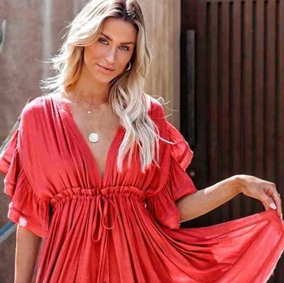 New Flowy Gauze Cover Up Mini Dress Deep Plunge Flutter Sleeve Summer Red - Picture 3 of 8
